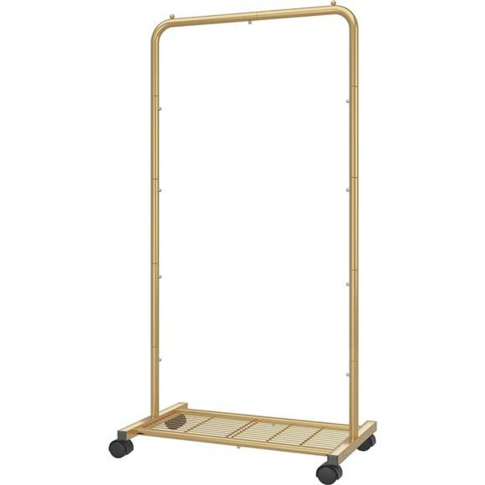 Standard Clothes Garment Rack with Mesh Storage Shelf on Wheels, Golden Yellow